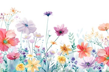 Cute pastel colorful spring flowers border with space on white background vector illustration of cute pastel watercolor floral frame border