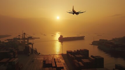 Fototapeta premium Cargo Ship and Airplane at Sunset in a Harbor