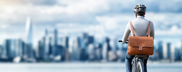 A cyclist with a leather bag enjoys a scenic city view, embodying urban exploration and outdoor adventure on a sunny day.