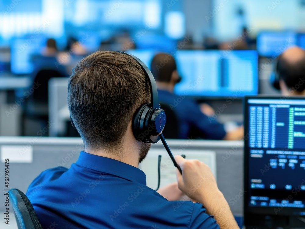 Poster a focused operator wearing a headset works in a modern call center with multiple screens and data di