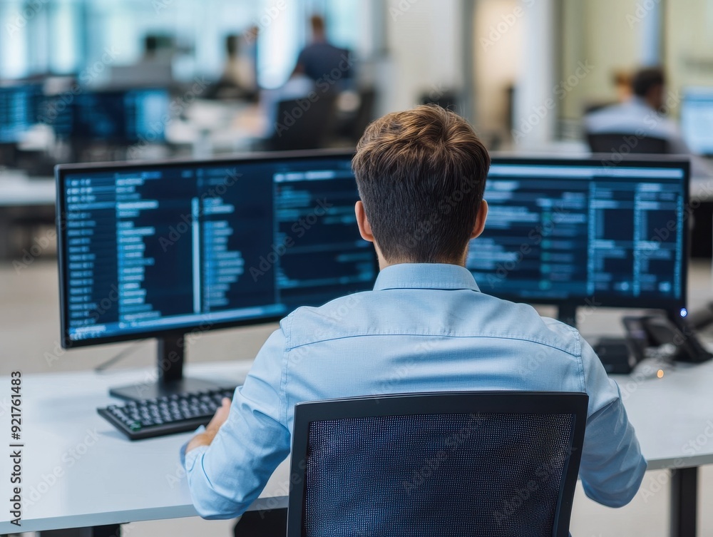 Poster a focused individual working on dual monitors in a modern office environment, analyzing data and wri