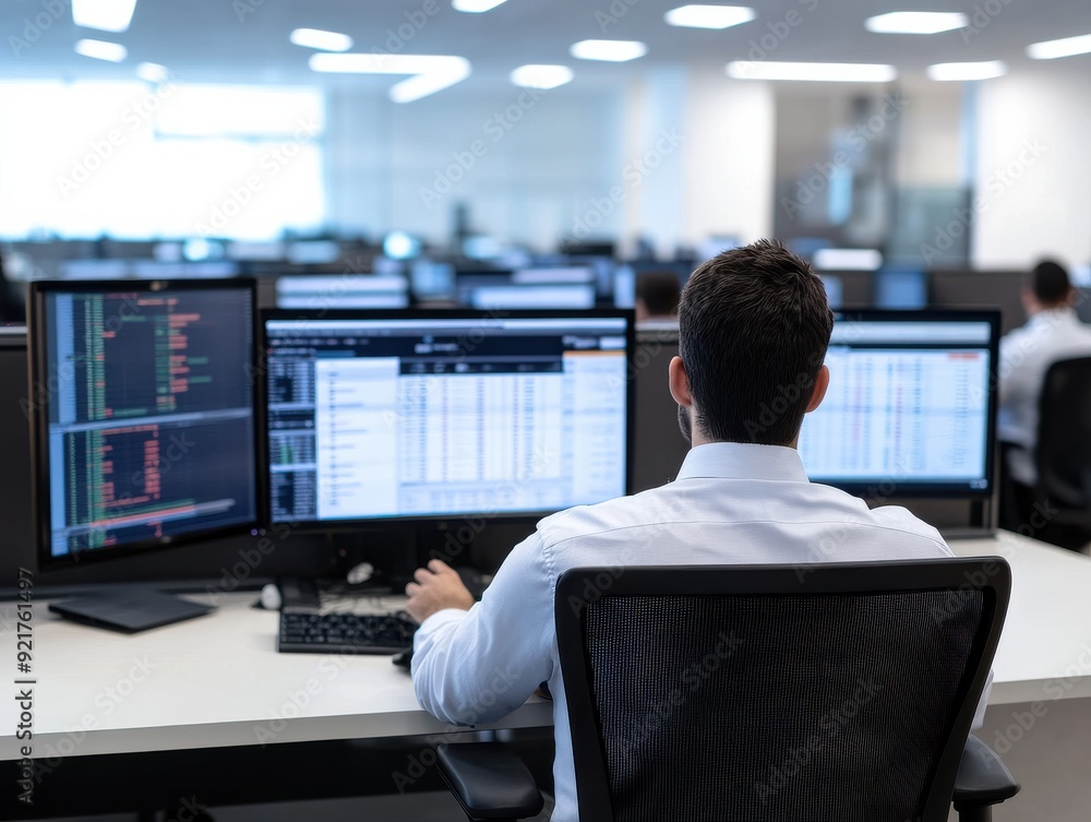 Poster a focused professional analyzing data on multiple monitors in a modern office environment.
