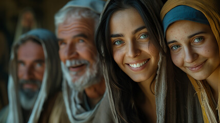 Fototapeta premium People in traditional 1st-century Middle Eastern attire, smiling together.