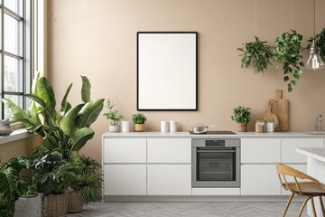 Fototapeta premium Minimalist Kitchen interior with Poster Mockup created with Generative AI