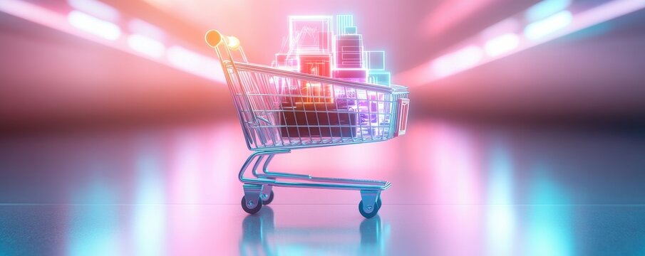 A glowing shopping cart filled with colorful packages in a vibrant, futuristic setting. Perfect for e-commerce and retail themes.