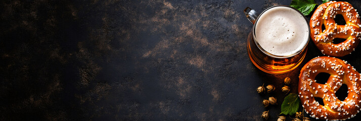 Oktoberfest concept with beer and pretzels on a dark background.