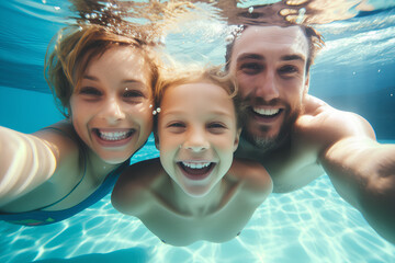 Happy smiling family underwater in swimming pool. Mother and children swim and having fun. Kids sport on family summer vacation. Active healthy holiday