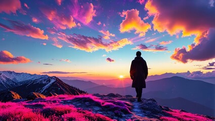 Obraz premium Man Looking at Sunset over Mountains.