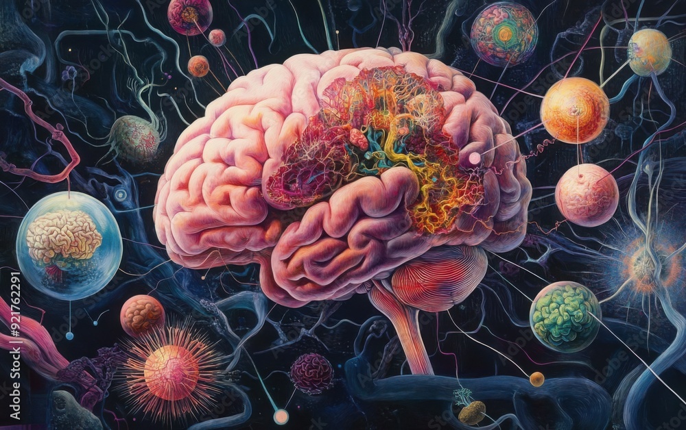 Poster An illustration of the human brain with various spheres and cross-sections floating around it, representing different systems within the mind that control mood. 