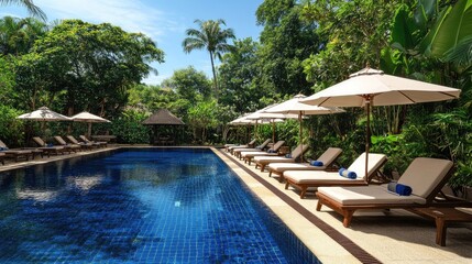 Fototapeta premium A luxurious swimming pool area with sunbeds and umbrellas, set in a serene resort environment.
