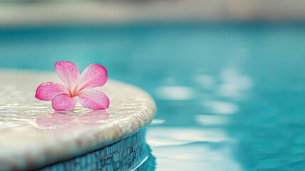A pink flower gently resting on the ledge of a pool, with a calm and peaceful atmosphere.