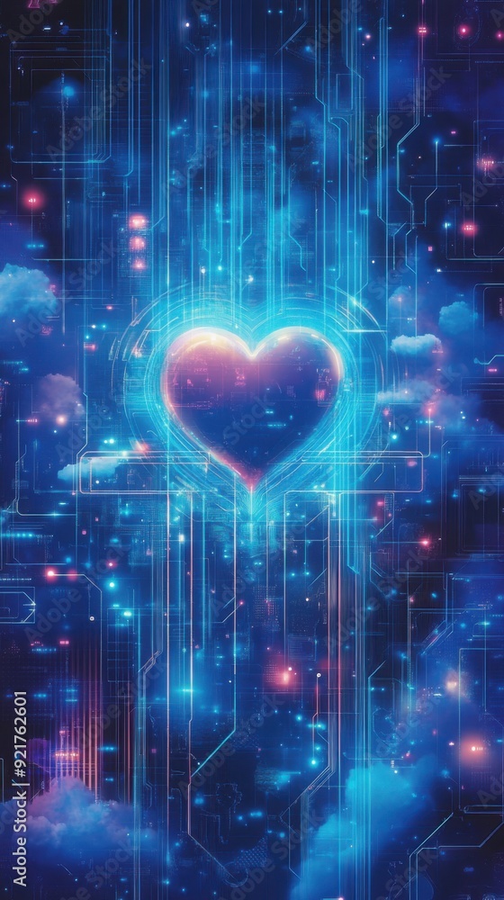 Poster digital background featuring cloud technology, a blue color scheme, with glowing circuit patterns an
