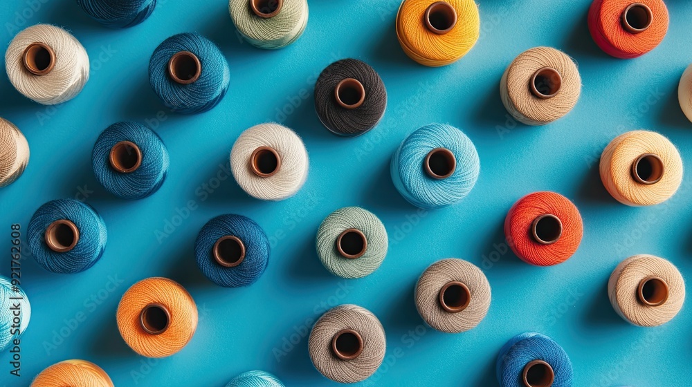 Poster assorted spools of thread neatly placed on a blue background, with contrasting colors.