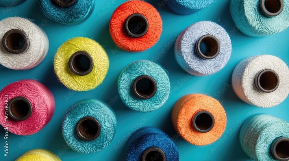 Poster assorted spools of thread neatly placed on a blue background, with contrasting colors.