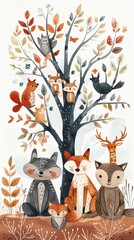 Cute watercolor illustration of woodland animals in an autumn forest.