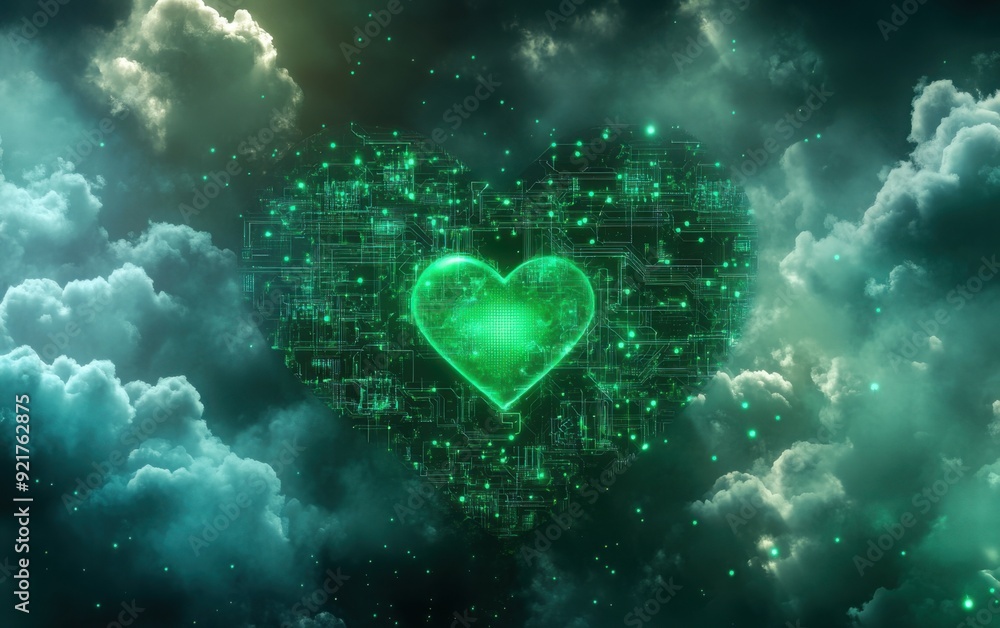 Poster digital background featuring cloud technology with green glowing elements and circuit patterns, crea