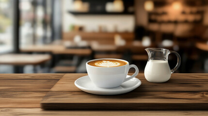 Obraz premium A cup of latte with a milk pitcher on a wooden table in a cafe.