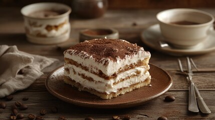Classic tiramisu dessert on a rustic wooden table, showcasing layers of cream, coffee, and cocoa.