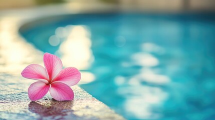 Close-up of a pink flower placed on the edge of a pool, capturing a serene and tranquil moment.