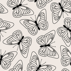 Seamless pattern with outline butterfly. Hand drawn illustration in sketch style.