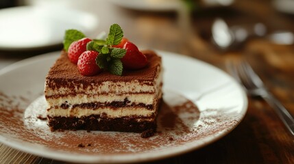 Close-up of tiramisu on a plate, with a warm candle creating a cozy atmosphere.