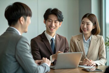 Fototapeta premium 共同作業スペースで同僚と交流する日本のビジネスプロフェッショナルのポートレート。