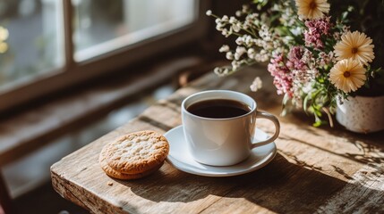 Coffee and cookies on a table, accompanied by a small bouquet of flowers.