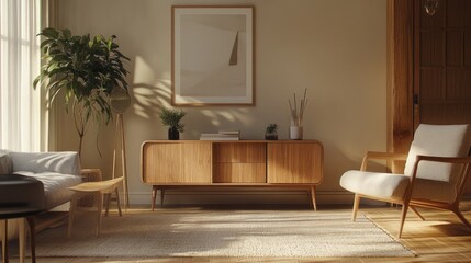 Cozy living room interior with a wooden commode and contemporary furnishings.