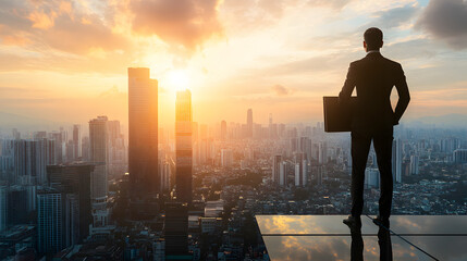 Professional Mortgage Broker with City View Background, Poised with Property Listings Folder, Embodying Urban Expertise.