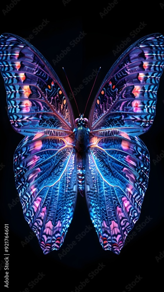 Poster mesmerizing iridescent butterfly wings with intricate neon patterns on black background