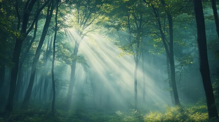 Fototapeta premium Sunbeams Through Misty Forest