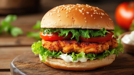 Homemade chicken burger with fresh lettuce, tomato, and mayonnaise on a wooden background.