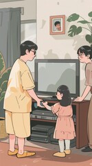 A family scene with a child interacting with adults near a TV in a cozy living room.
