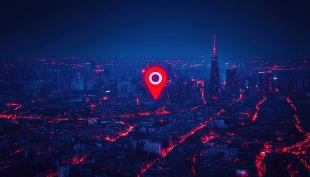 Aerial view of a city at night with glowing navigation marker and illuminated skyline