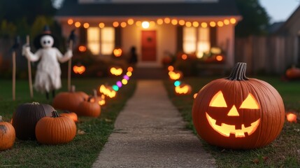 Obraz premium A spooky Halloween scene with carved pumpkins and decorations, perfect for capturing the festive spirit of the season.