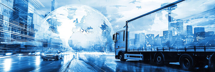 Logistics concept. Multiple exposure of different transports and world globe, toned in blue 