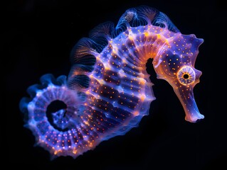 Neon Seahorse Floating Gracefully in Glowing Orange and Purple Against Black Background