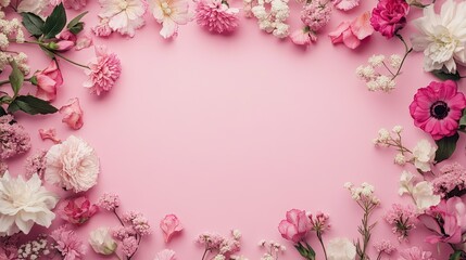 Top view of a flower frame made of pink and white flowers on a pastel pink background, with copy space in the middle.