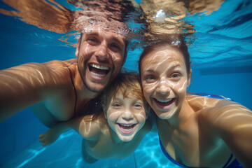 Happy smiling family underwater in swimming pool. Mother and children swim and having fun. Kids sport on family summer vacation. Active healthy holiday