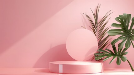 Pink podium and background with monstera for product presentation