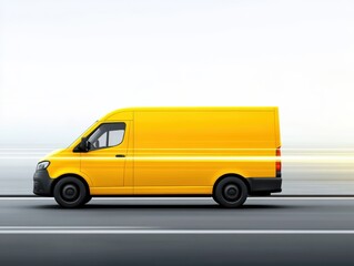 A vibrant yellow delivery van in motion, showcasing speed and efficiency on a modern road.