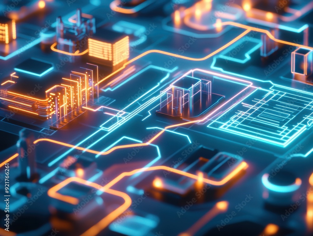 Poster abstract digital circuit board with glowing lines and neon colors, representing the future of techno