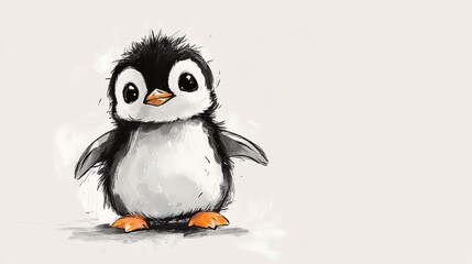 Obraz premium Adorable cartoon penguin with fluffy feathers and bright orange feet, perfect for children's illustrations and playful designs.