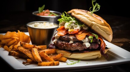 Gourmet burger with a side of sweet potato fries
