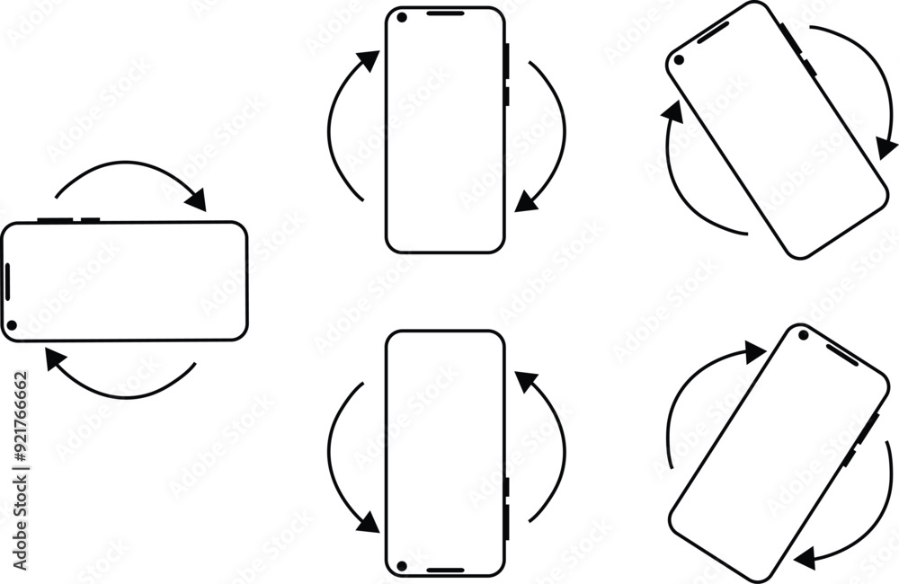 Poster set of rotate mobile phone icons in trendy outline styles. device auto rotation symbols. turn your d