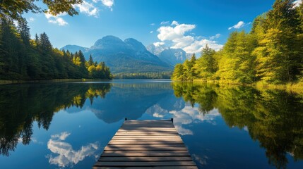 Serene Mountain Lake with Wooden Dock