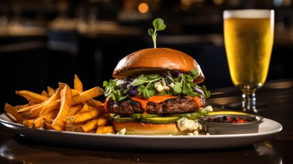 Gourmet burger with a side of sweet potato fries