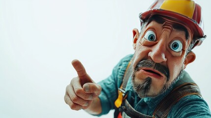 Naklejka premium A surprised construction worker with exaggerated features pointing at the viewer.