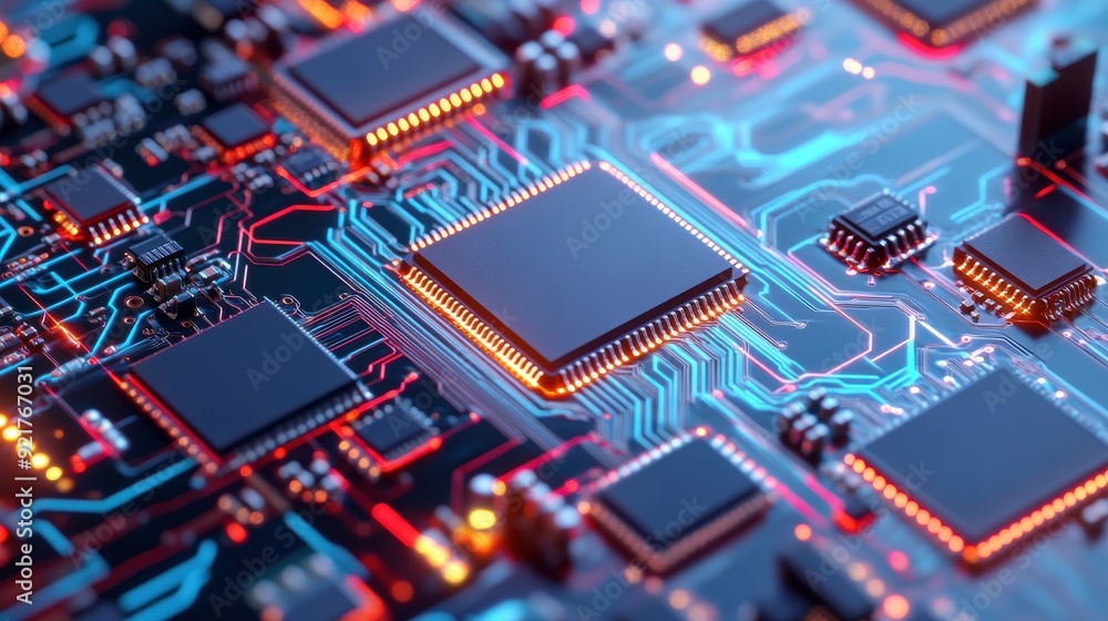 Poster close-up view of a high-tech circuit board with intricate details and glowing lights, showcasing adv