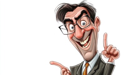 A cheerful caricature of a businessman with glasses, smiling and gesturing enthusiastically.